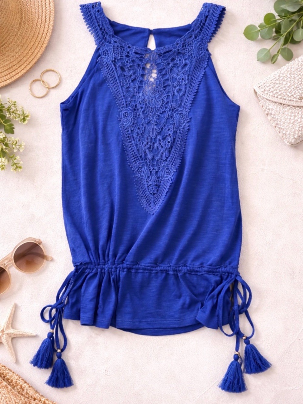 White House Black Market Crochet Top Women's Small Blue Gathered Boho Side Ties